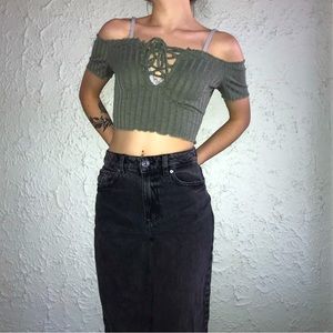 WINDSOR Forest Green Off The Shoulder Lace-Up Crop Top